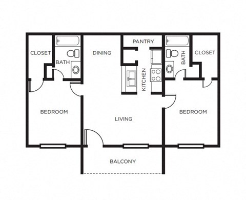 Floor plan for 2 beds, 2 baths, 917 sqft